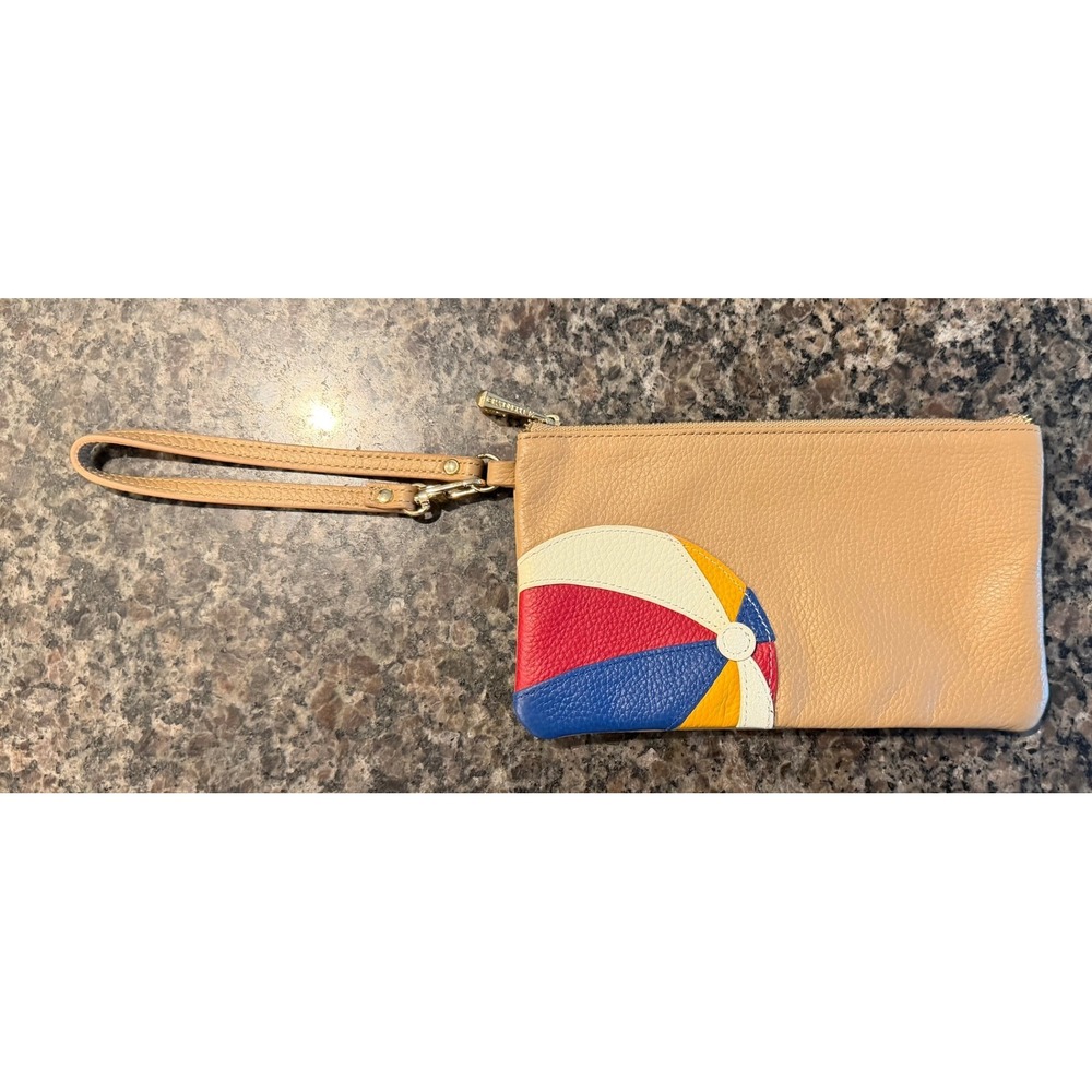 Ora Delphine Tan Pebbled Leather Beach Ball‎ Wristlet Pouch Gold Hardware